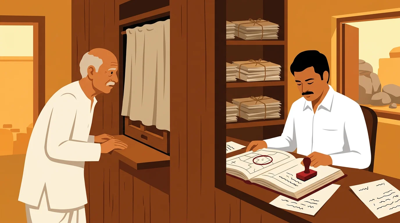 A Telangana landowner at a revenue counter watching a clerk's screen show a blocked mutation entry, a pattadar passbook and survey sketch open on the desk