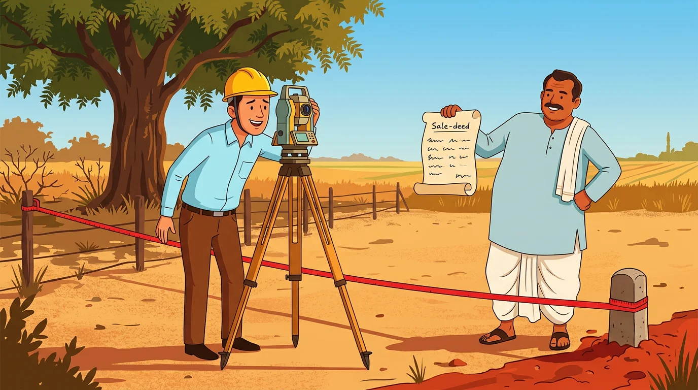 A private land surveyor uses a total-station on a tripod while a landowner in a dhoti-kurta holds up a sale-deed scroll beside a survey boundary stone in a dry rural field