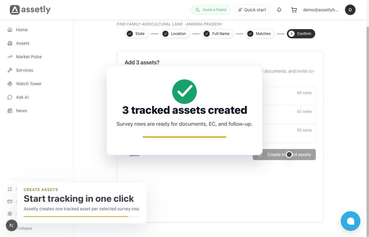 Assetly Find Family Land demo ending on three tracked assets created