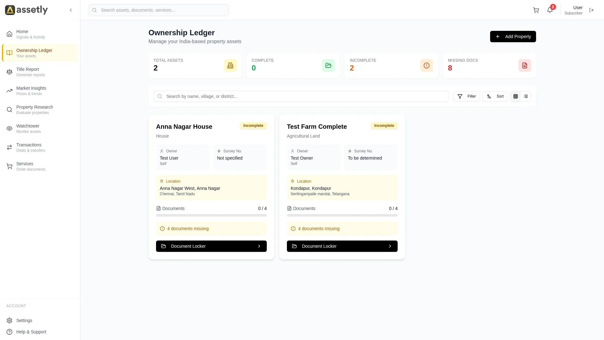 Assetly ownership ledger tracking property documents and verification status