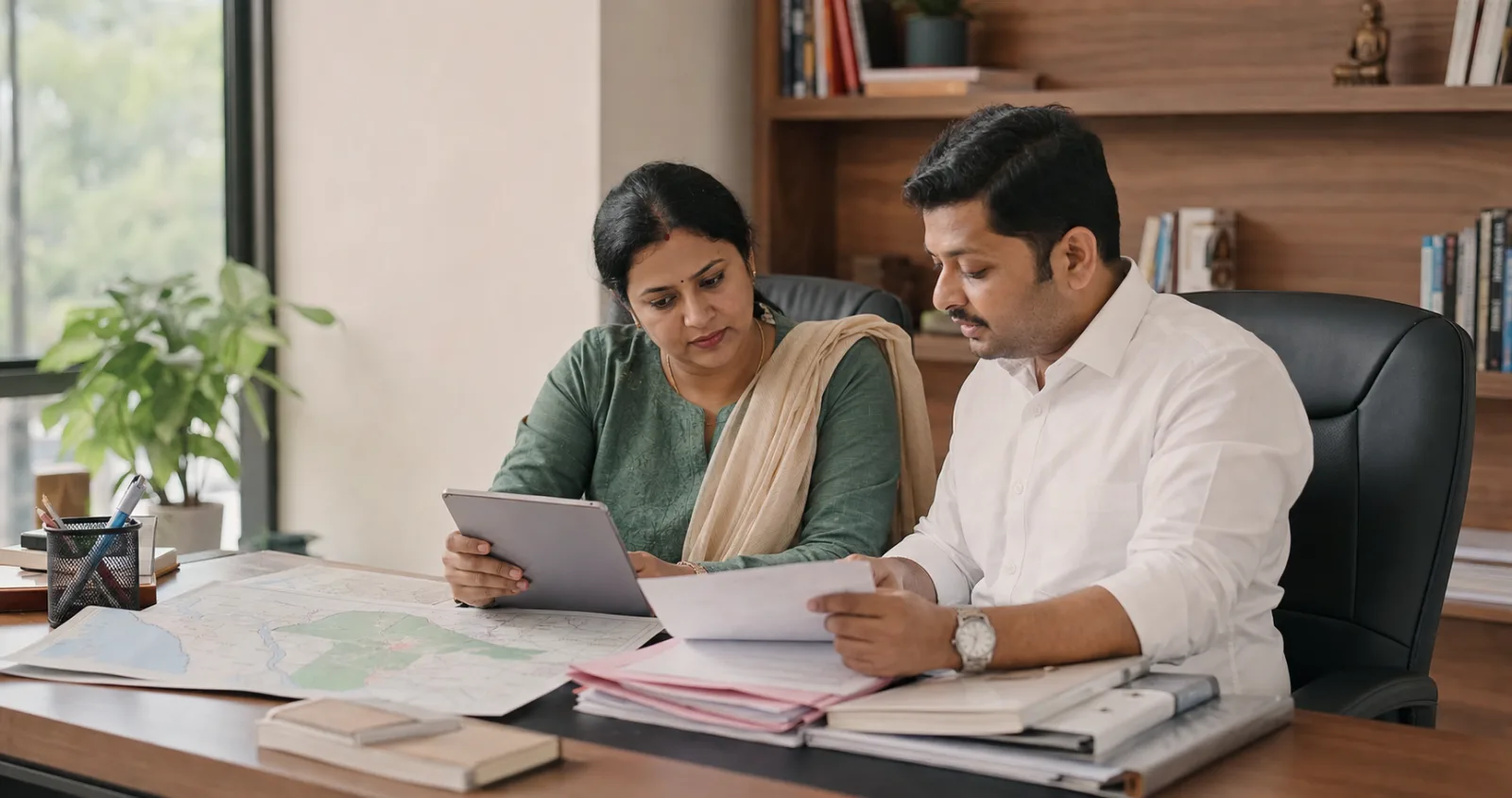 Property professionals reviewing documents and land records together